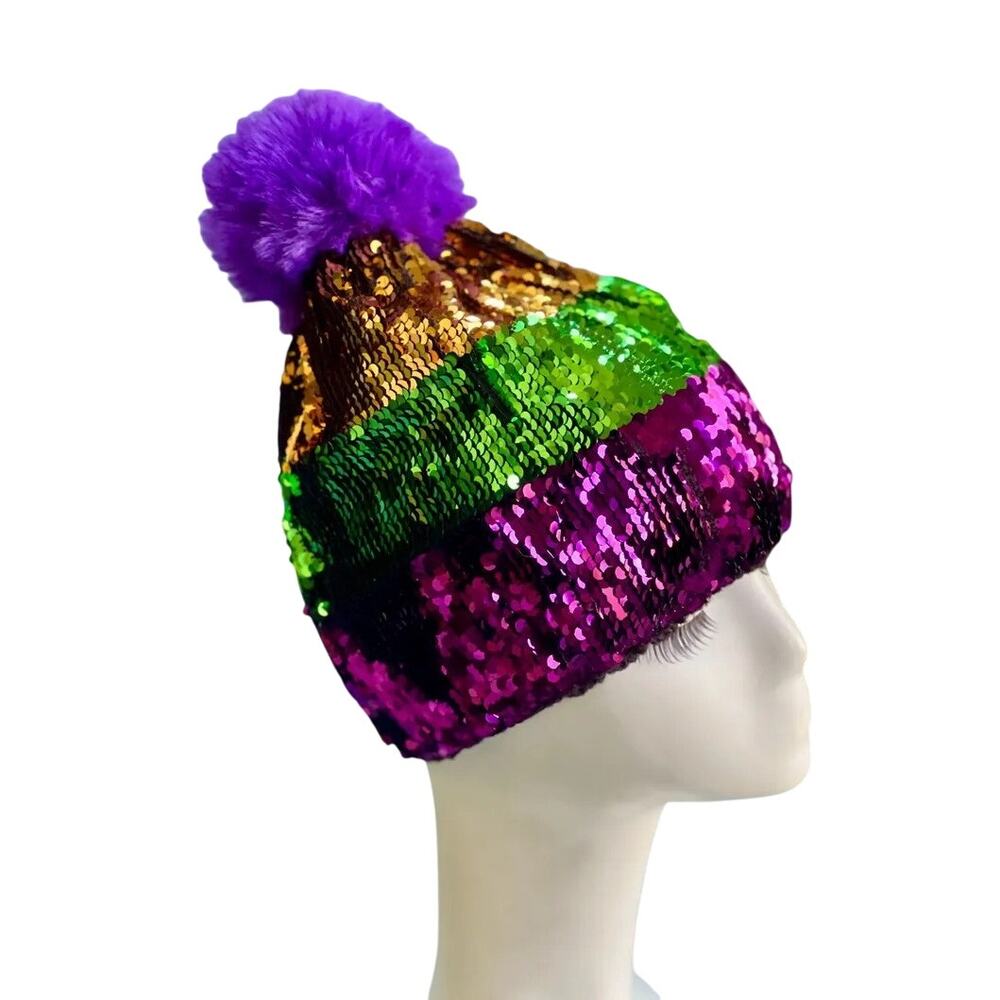 Mardi Gras Sequin Pom Pom Beanie